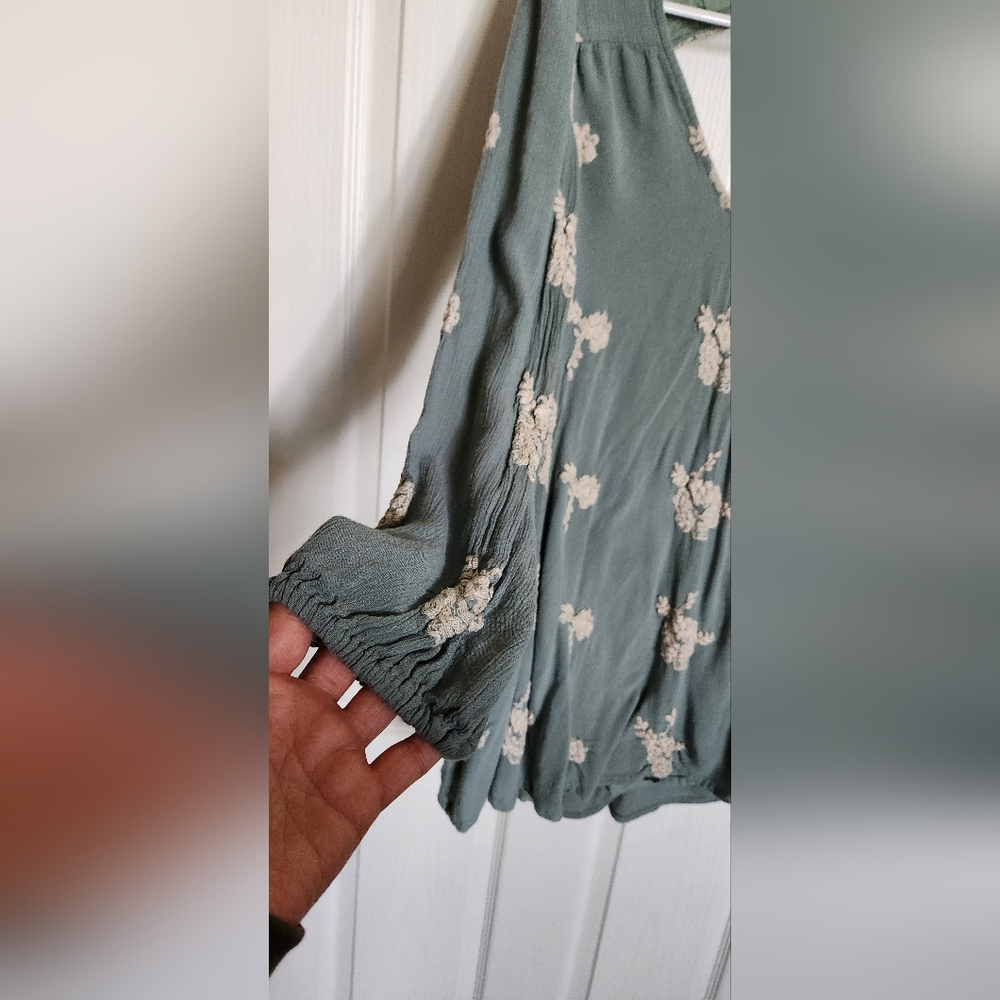 Free People Small Emmas Embroidery Sage Green Cocktail Dress Mini Long Sleeve - Picture 4 of 12